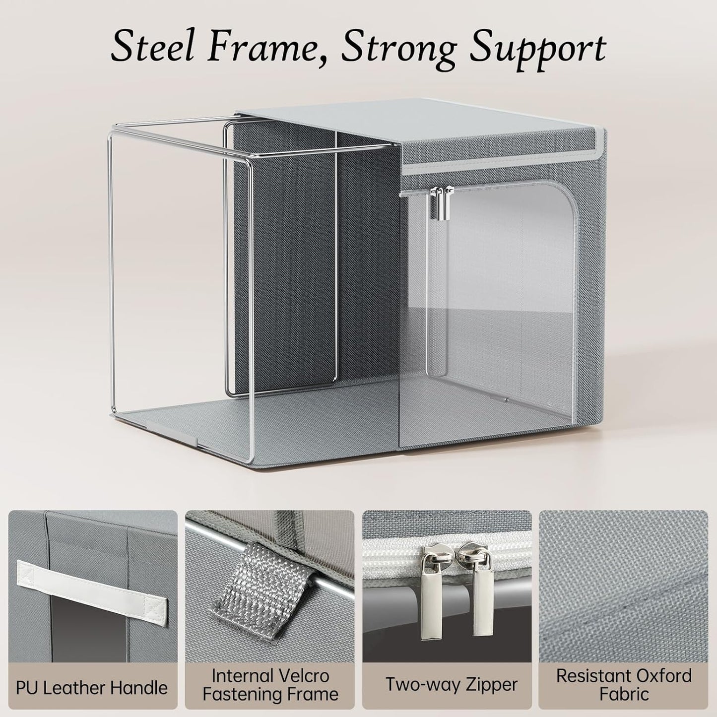 Yecaye Clothes Storage Bins with Metal Frame, Foldable Clothing Storage Bin with Lid, Stackable Oxford Fabric Organizer Box With Clear Window & Zippers & PU Leather Handles (6 Pack,Grey,40L)