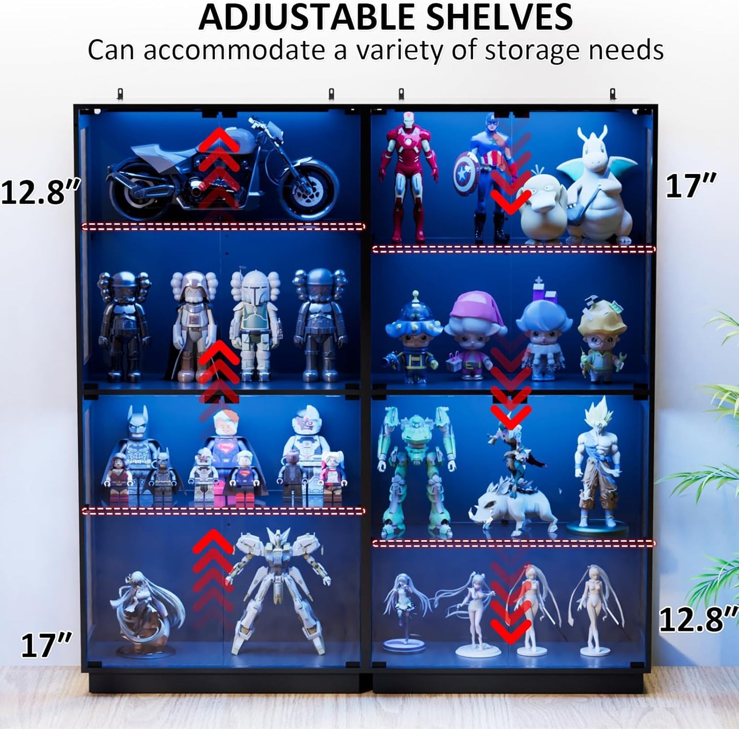 Display Cabinet with Glass Doors 4 Tier Glass Display Case with RGB LED Lights Display Cases for Collectibles Adjustable Shelves Display Case, for Game Room, Living Room, Bedroom, Black