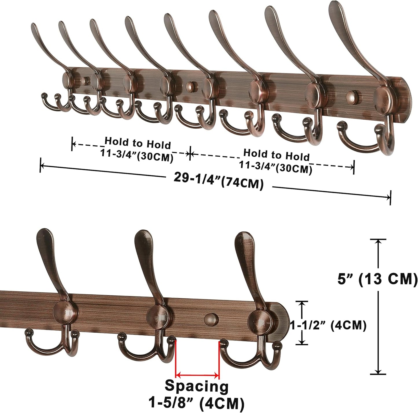 Dseap Coat Rack Wall Mount - 29.5” Long 8-Tri-Hooks Heavy Duty Coat Hanger Rail Wall Hooks for Hanging Coats Hats Clothing Clothes Purse Mudroom Entryway, Red Antique Copper