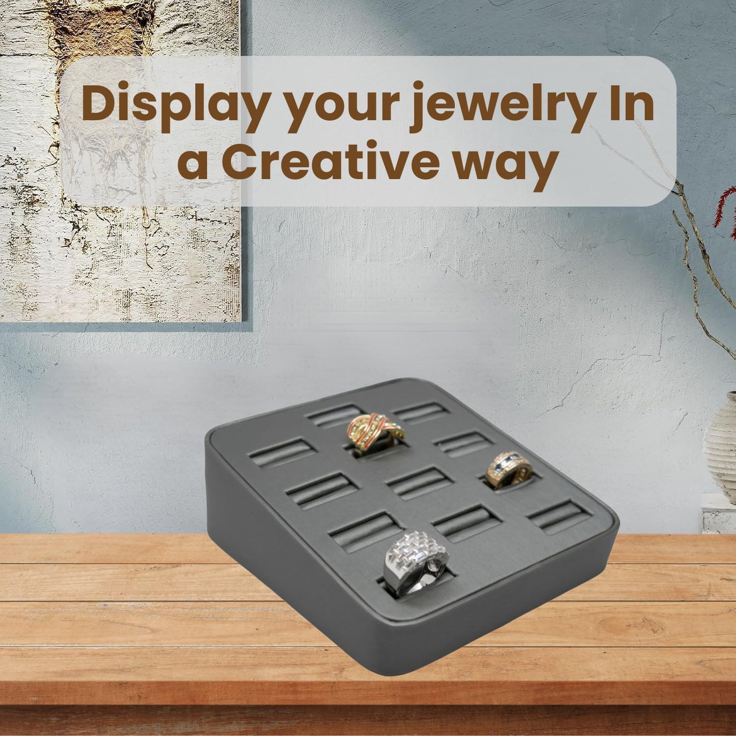 Novel Box 12-Slot Silver Leatherette Rings/Earrings/Cufflinks Holder Tray 5.75x5x2 Inches - Ring Holder Organizer for Selling or Personal Use - Jewelry Display Trays for Special Occasions