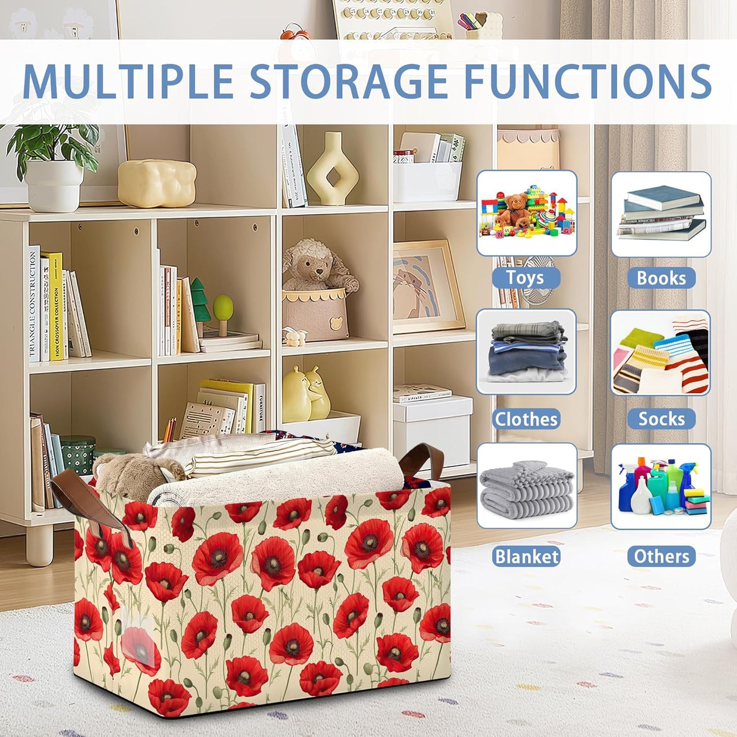 Vintage Poppy Flower Storage Baskets,Foldable Large Capacity Organizer Bins with Waterproof Lining and Leather Handles for Closet,Shelf,Bedroom 17x11.5x10Inch