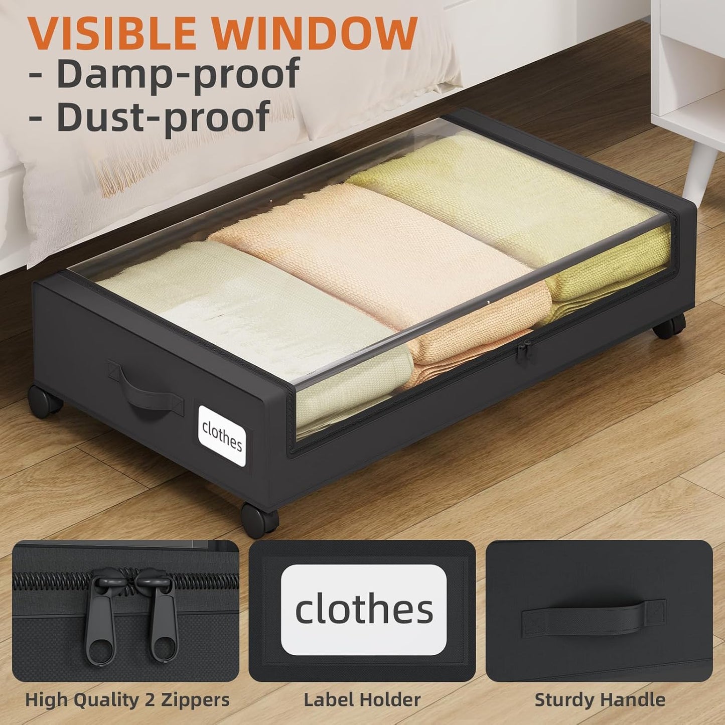 Somdot Under Bed Storage with Wheels, 2 Pack Bed Storage Containers with Dividers & Clear Lids,Easy Pull-out Metal Drawer for Clothes, Shoes,Toys, Blankets (Black)