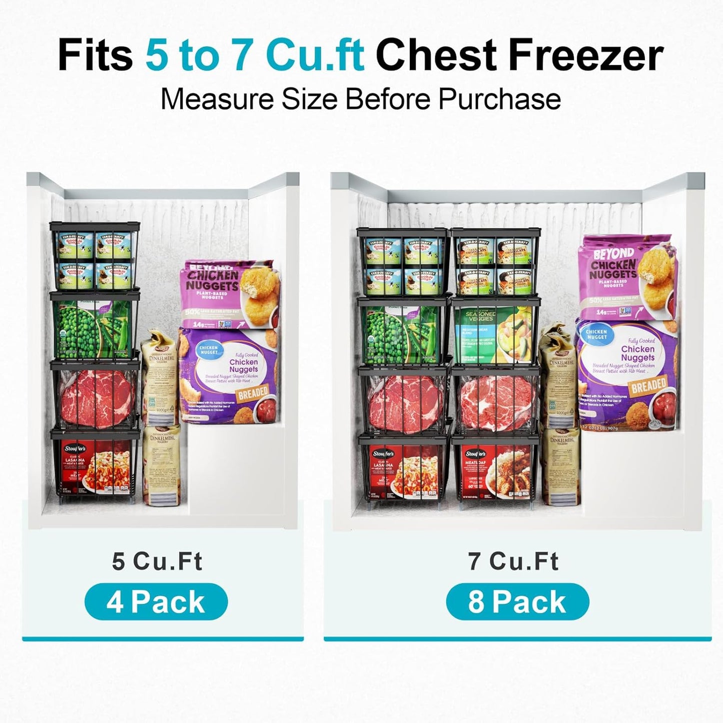 iSPECLE Chest Freezer Organizer Bins - 4 Pack Small Stackable Freezer Organizer Bins for 5 to 7 Cu.FT Small Deep Freezer (14.7"L X 7.1"W X 6.1"H) Easy to Get Food from Bottom without Digging, Black