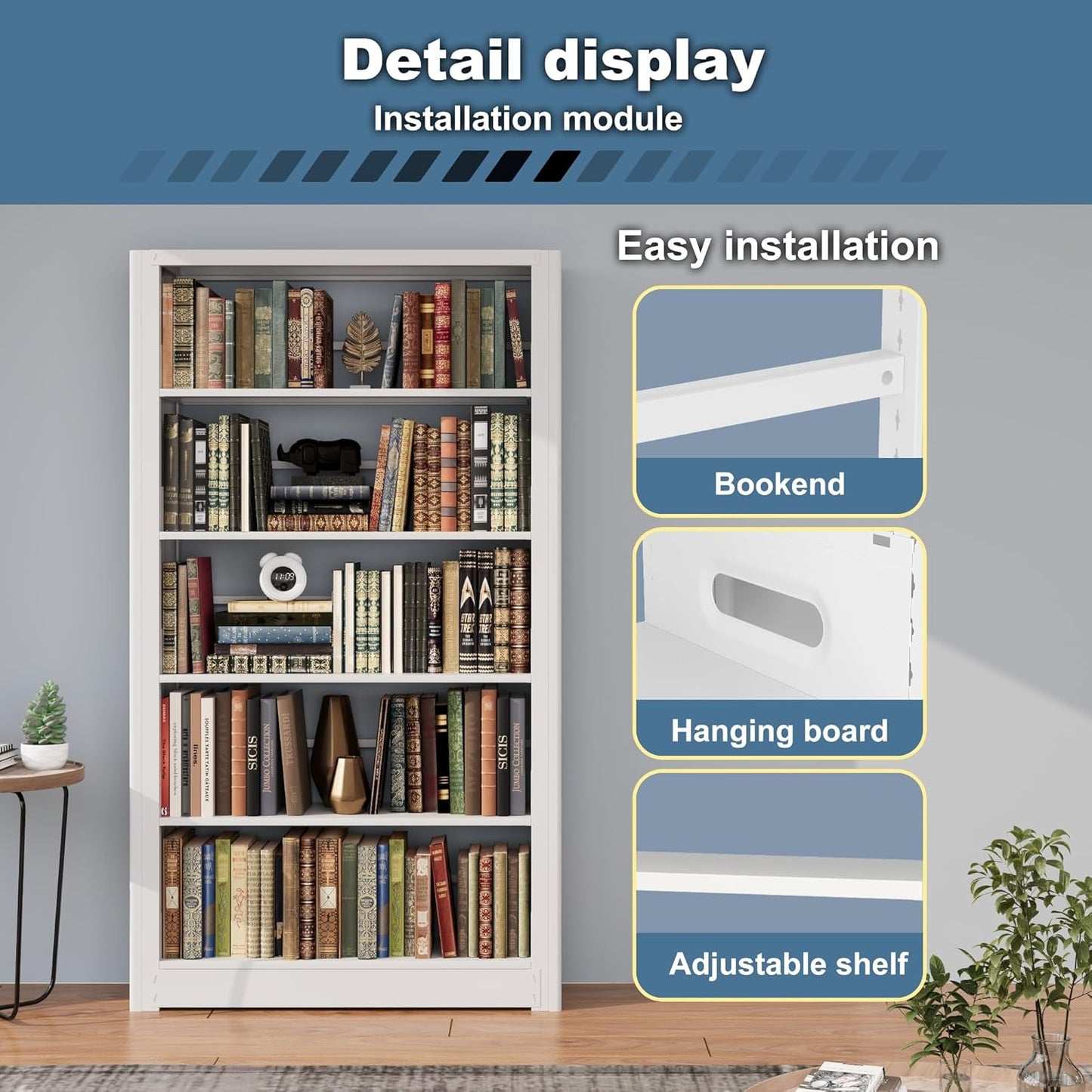 69” Tall Metal Bookshelf, Heavy Duty Bookcase, Modular Book Shelf with Expansion Capability, 5-Tier Adjustable Bookshelves for Heavy Books, Library, Living Room, Office. White