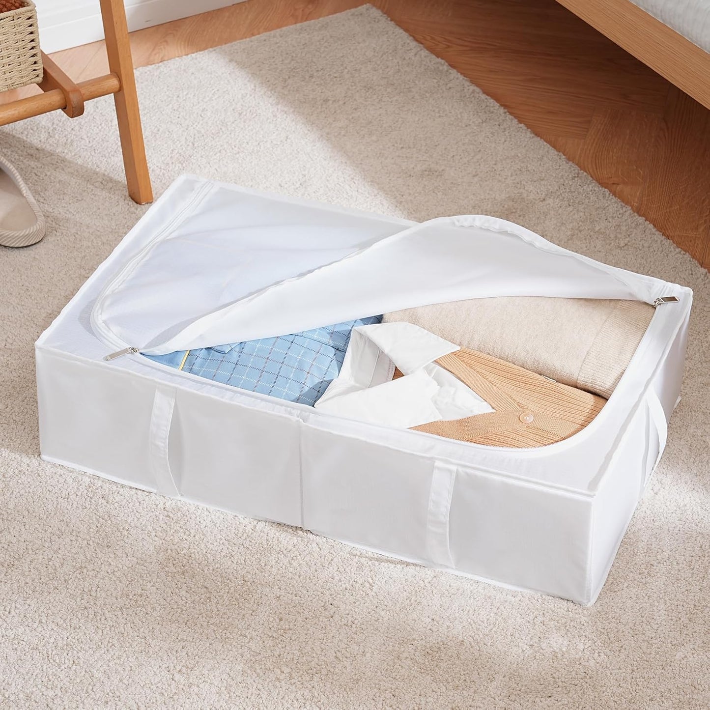 TYEERS Under Bed Storage Containers, Durable Fabric, Washable, Collapsible, Under Bed Storage Bins for Clothes, Blankets, Sheets, Shoes, 27.5x16.5x7 Inches, 4-Pack, White