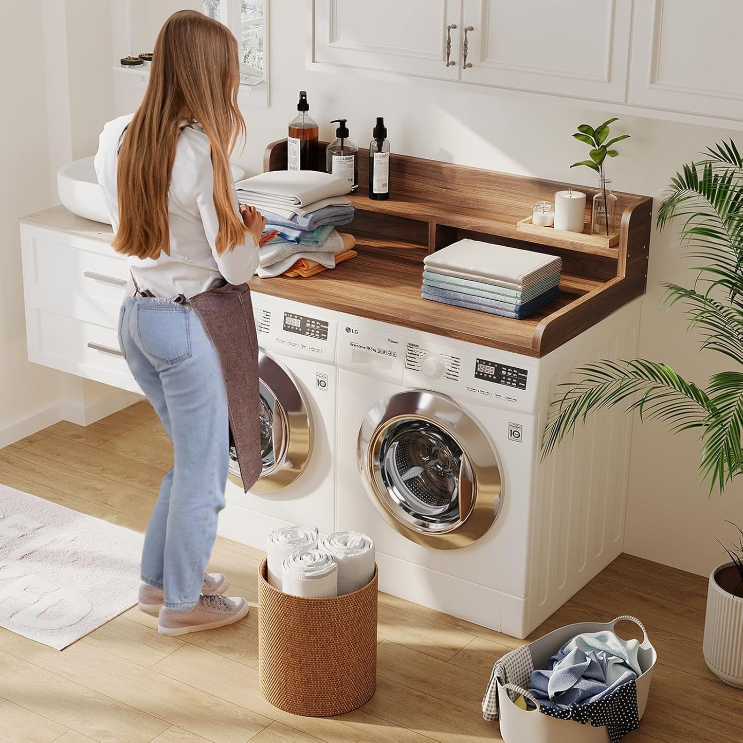 2-Tier Washer Dryer Countertop with 2.75" H Edge Rails, 54" W x 27.55" D Laundry Countertop for Folding Clothes, Washer and Dryer Topper with Non-Slip Pad (Dark Walnut)