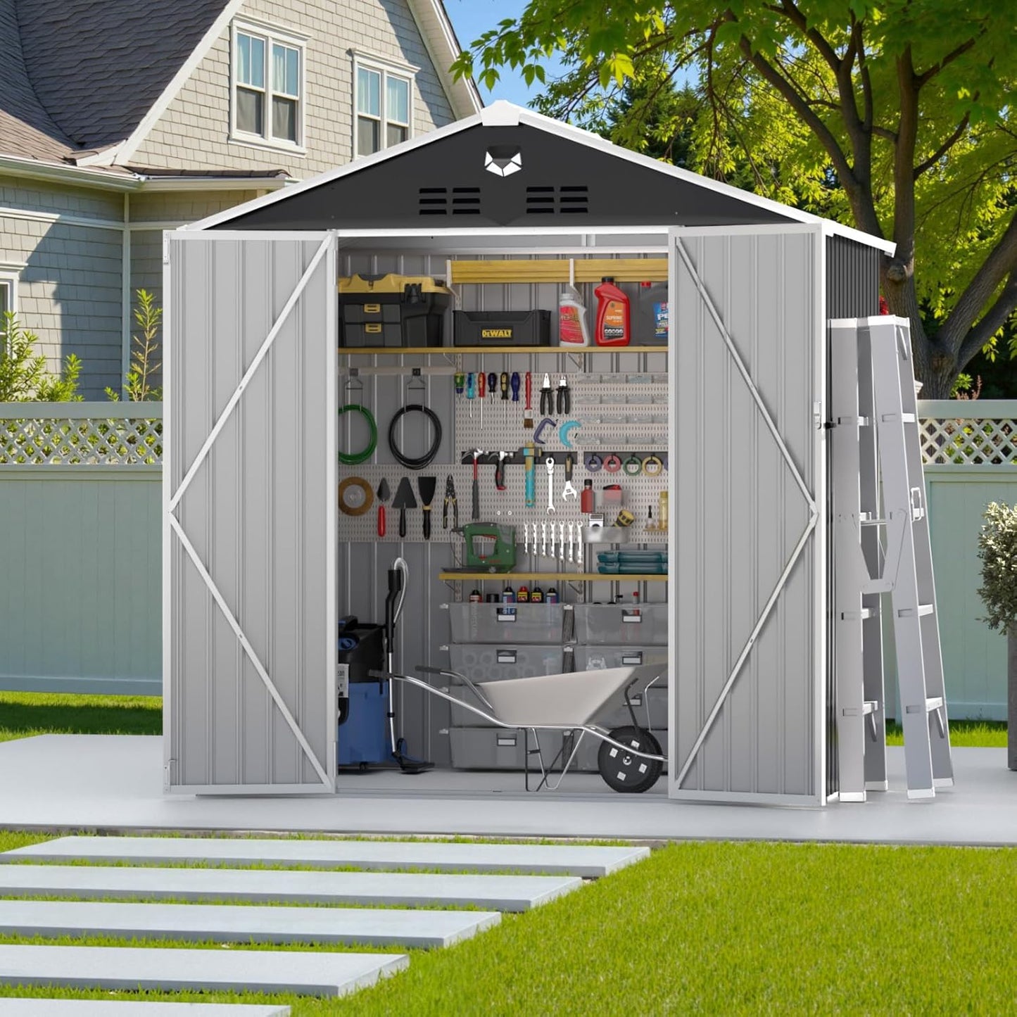 8X6 FT Outdoor Storage Shed, Metal Garden Shed - Tool Storage Sheds with Lockable Doors, Waterproof Outside Storage Building for Backyard, Patio (Black; Floor Not Included)