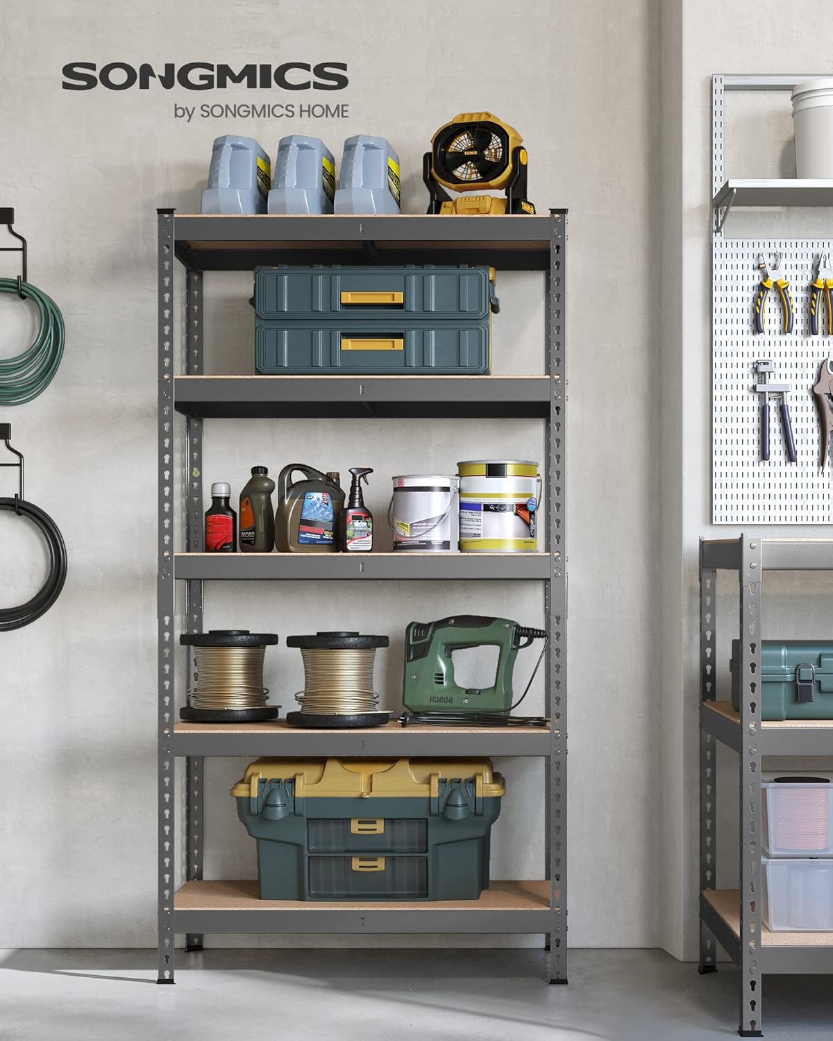 SONGMICS 5-Tier Storage Shelves, Load 2310 lb, Garage Storage, Boltless Assembly, Adjustable Shelving Unit, 17.7 x 35.4 x 70.9 Inches, for Study Shed Basement, Gray and Natural Beige UGLR450G01