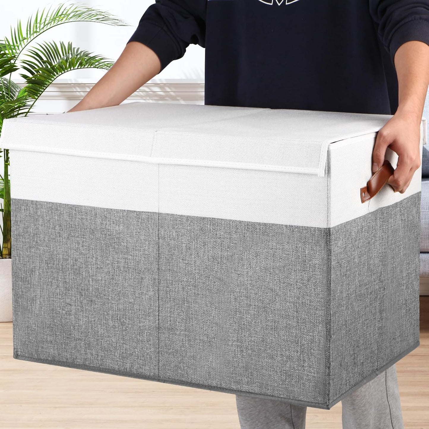 Large Toy Storage Box with Lid, Sturdy Toys Storage Chest Bin Organizer Basket with Dividers for Kids, Boys, Girls, Nursery, Closet, Bedroom, Playroom 26"x17" x17" (Grey and White)