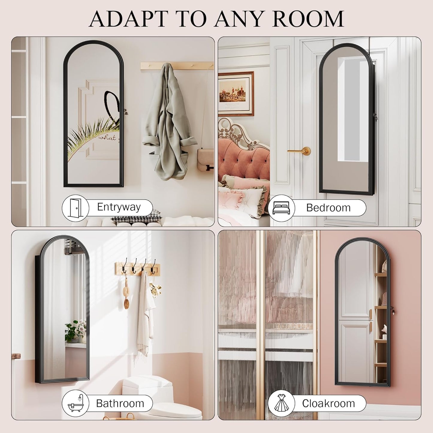 Jewelry Cabinet Organizer with Mirror, 47 inch Lockable Full-Length Mirror Jewelry Armoire Hanging Door/Wall Mounted with 6 LEDS, Arched Framed Mirror Cabinet with Storage, Gift for Women, Black