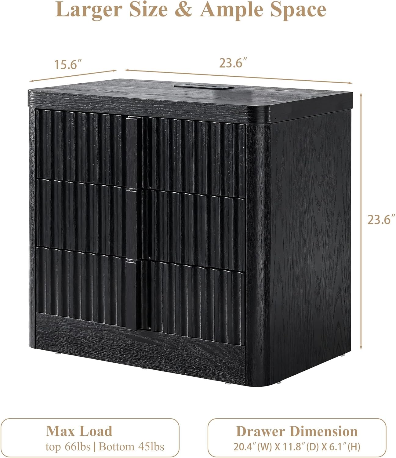 23.6" Nightstand Set of 2 with Charging Station, Side Table with 3 Storage Drawers, Mid Century Modern Night Stand with Solid Wood Handle, Bedside End Table for Bedroom, Living Room, Black
