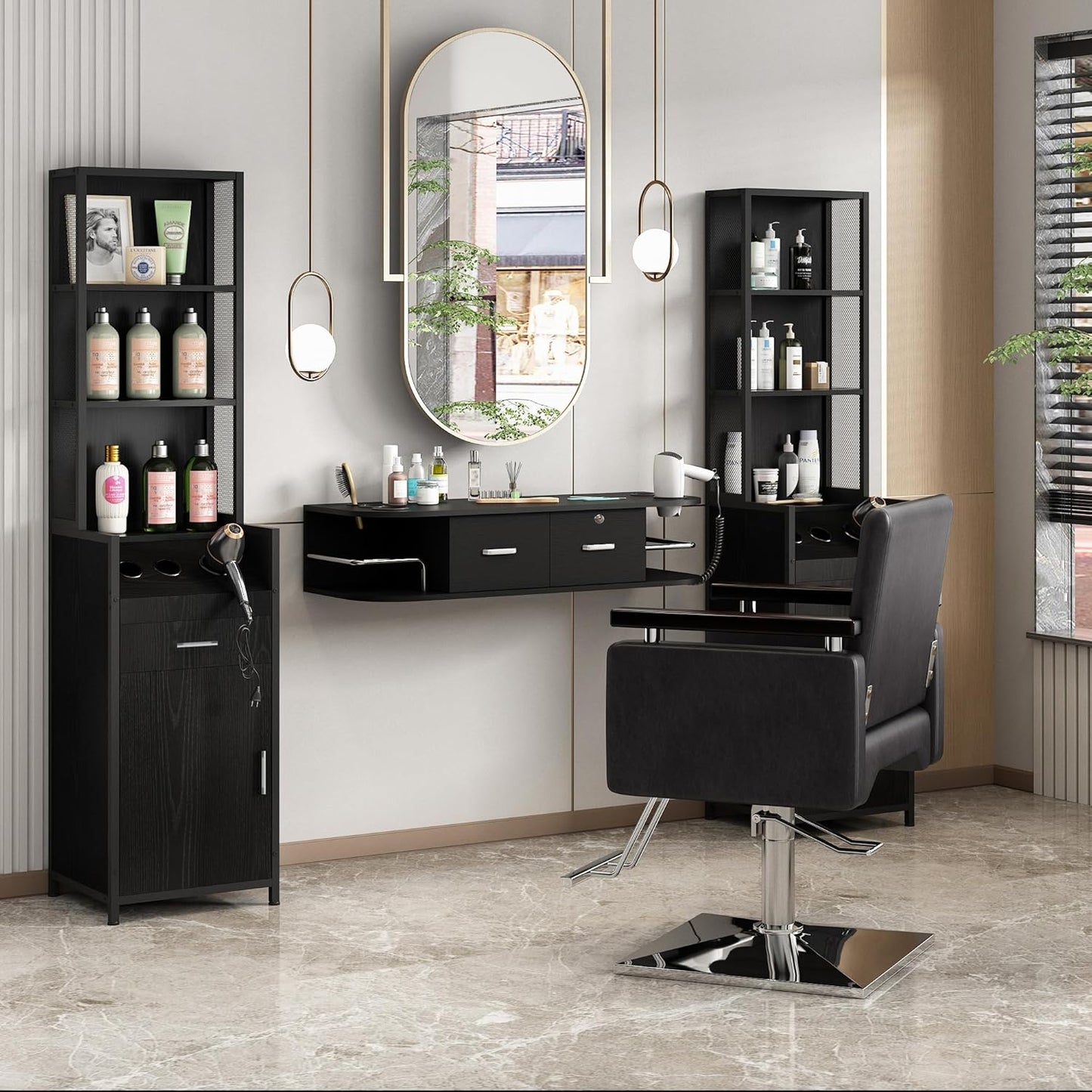BARBsocial Reusable Salon Station for Hair Stylist, Barber Station with 3 Hot Tool Holders & Hair Storage with Shelves - Salon, Spa Furniture - Black