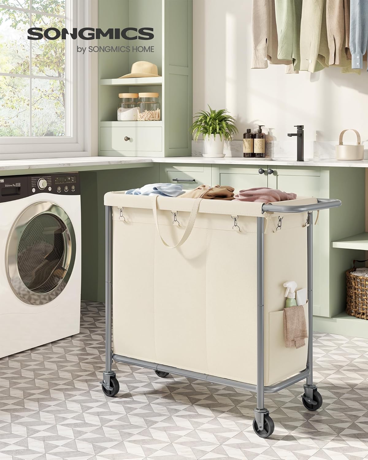 SONGMICS Laundry Basket with Wheels, 3-Section Rolling Laundry Hamper, 52.8 Gallons (200 L), Removable Liner, Steel Frame with Handle, 35.8 x 15.4 x 31.9 Inches, Cream White URLS005W01