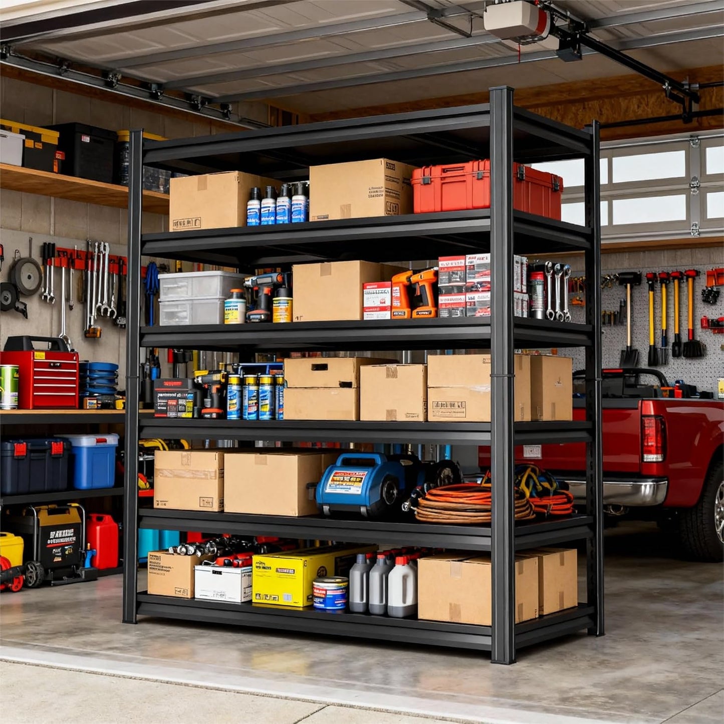 Storage Shelves, Garage Metal Shelving Unit, Adjustable, Double-Layer Column with Reinforced Ribs, Heavy-Duty, Capable of Bearing 600-3600 lbs (Black, 82 * 45 * 18, 6-Tier)