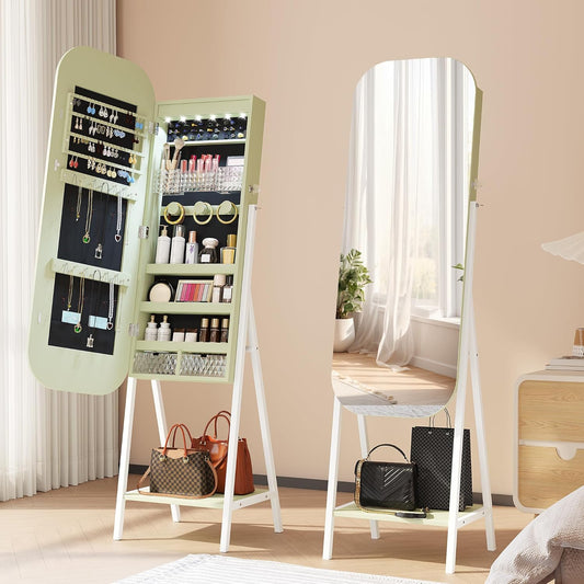 6 LED Mirror Jewelry Cabinet - Wall/Door Mounted Jewelry Armoire with Large Capacity - Lockable Tall Hanging Organizer - Cosmetic Storage & Gift Idea - Green