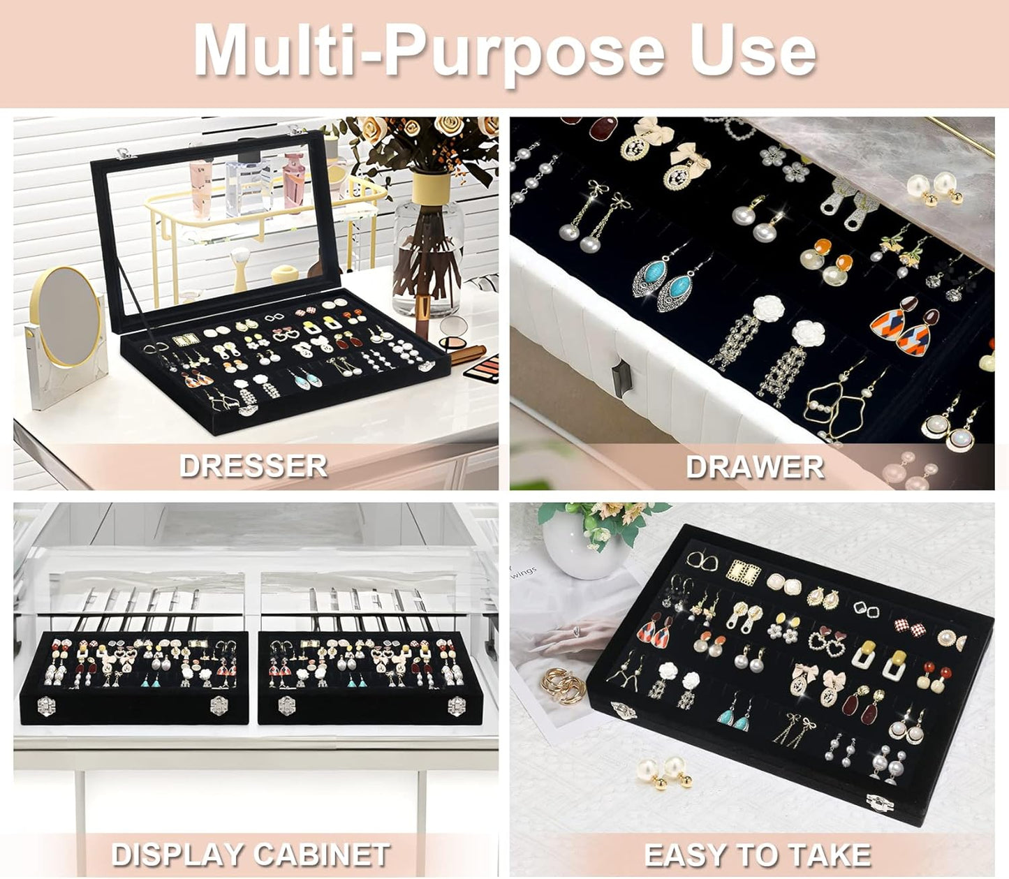 Jenseits Earring Organizer Tray, Earring Box with Clear Lid 80 Slots Velvet Drawer,Earring Tray with Lock, Jewelry Display Case for Women Girls, Black