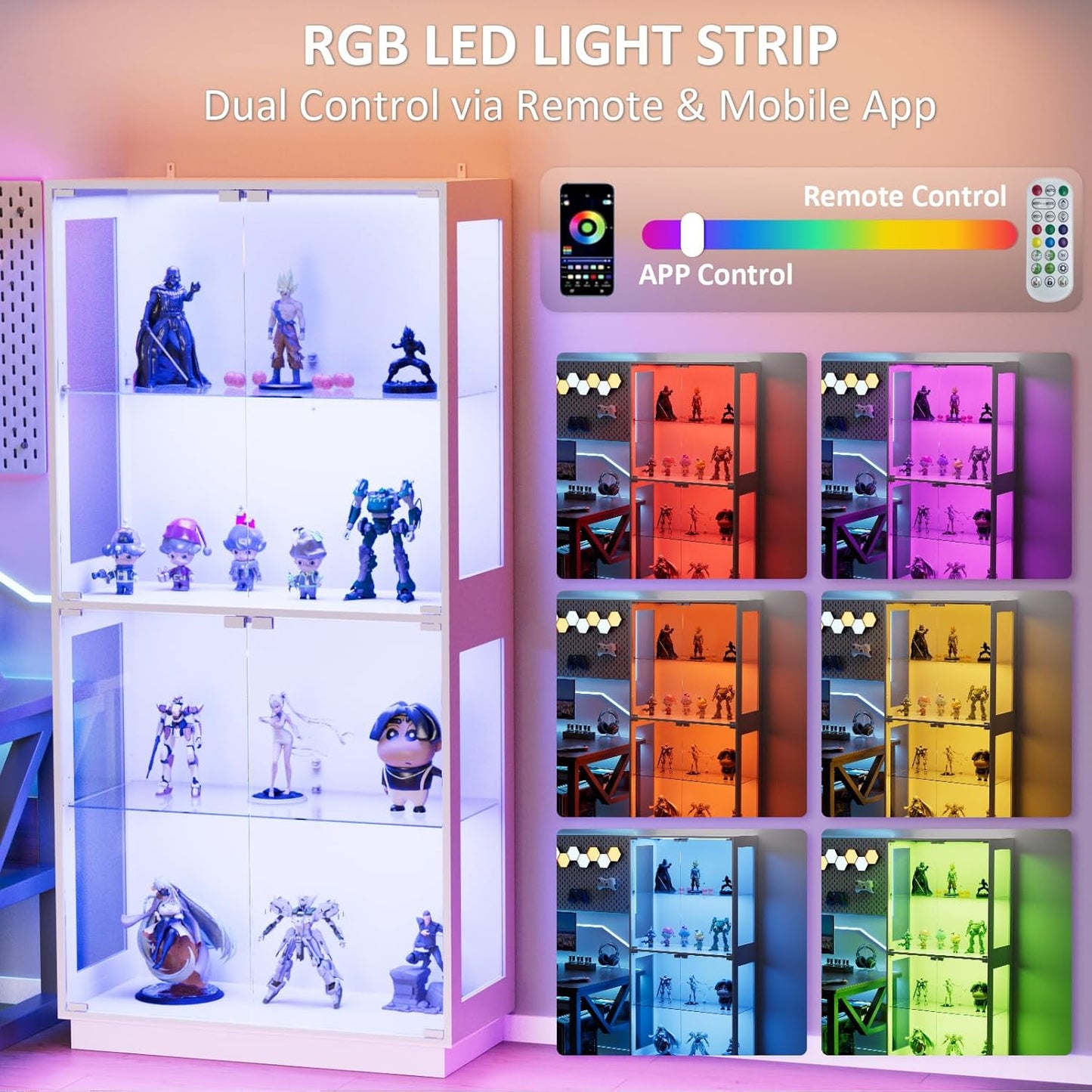 Display Cabinet with Glass Doors 4 Tier Glass Display Case with RGB LED Lights Display Cases for Collectibles Adjustable Shelves Display Case, for Game Room, Living Room, Bedroom, White