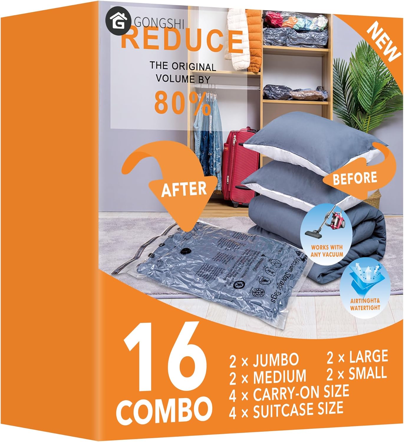 16 Pack Travel Vacuum Bags For Luggage,Carry-on Size Vacuum Seal Bags for Luggage and Suitcase Compression, Space Saver for Clothes and Clothing Organization