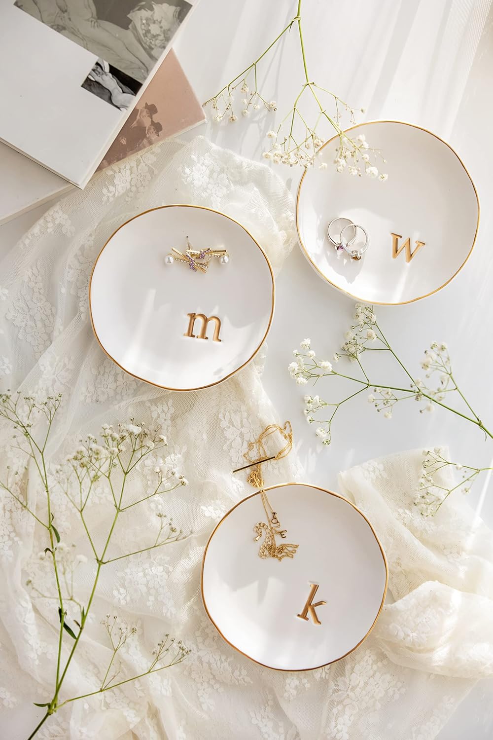 COLLECTIVE HOME - Ceramic Jewelry Tray, Decorative Trinket Dish for Rings Earrings Necklaces Bracelet Watch Keys, Birthday Mother's Day Christmas Gift for Women, 4.75", White Surface (S)
