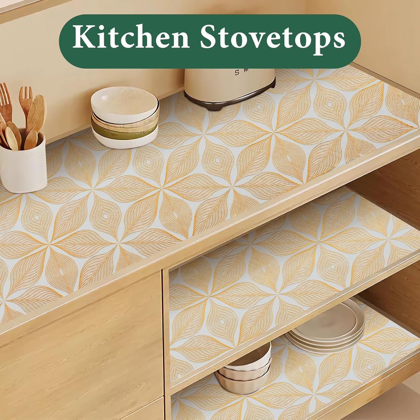 3D Drawer and Shelf Liner for Kitchen Cabinet: 17 in X 20 Ft Waterproof Shelf Paper Non Adhesive Refrigerator Liners Golden Leaf Easy Liners for Bathroom with Knife Tape Measure