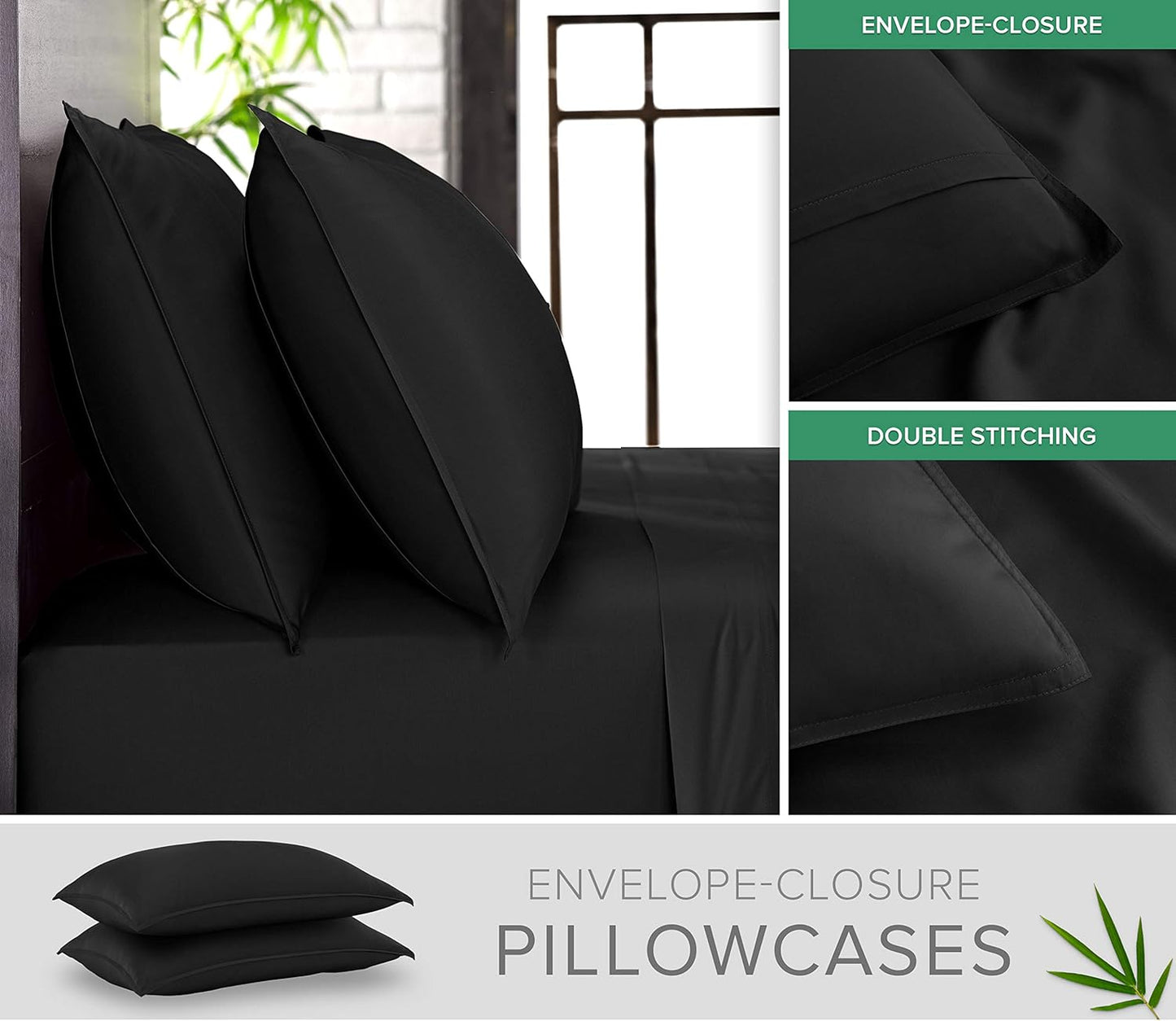 Queen Pillowcases by Pure Bamboo, Genuine 100% Organic Viscose Derived from Bamboo, Luxuriously Soft & Cooling, Double Stitching, Envelope Closure (2 Queen Pillowcases, Black)