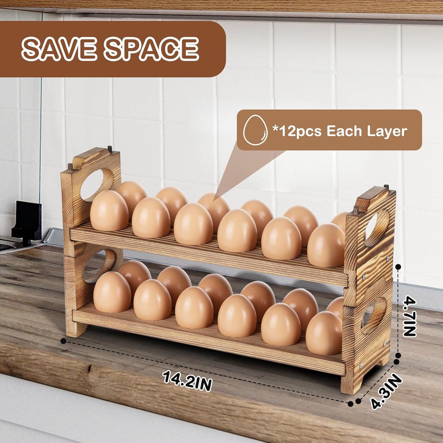 Wooden Egg Holder & Storage-3Tier /36-Hole Stackable Holds Fresh Eggs, Farmhouse Eggs Rack Wood, Rustic Countertop Chicken Egg Organizer Wood with Distressed Finish for Home Kitchen Decoration
