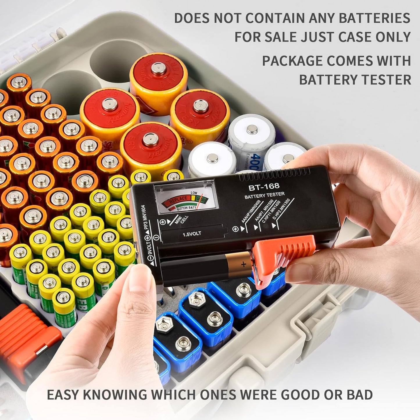 Battery Organizer Storage Holder Box Case with Tester- 269 Batteries Double-Sided Variety Pack, Holds AA AAA 4A C D Cell 9V 3V Lithium LR44 CR2 CR123 CR1632 18650 Button- White(Box Only)