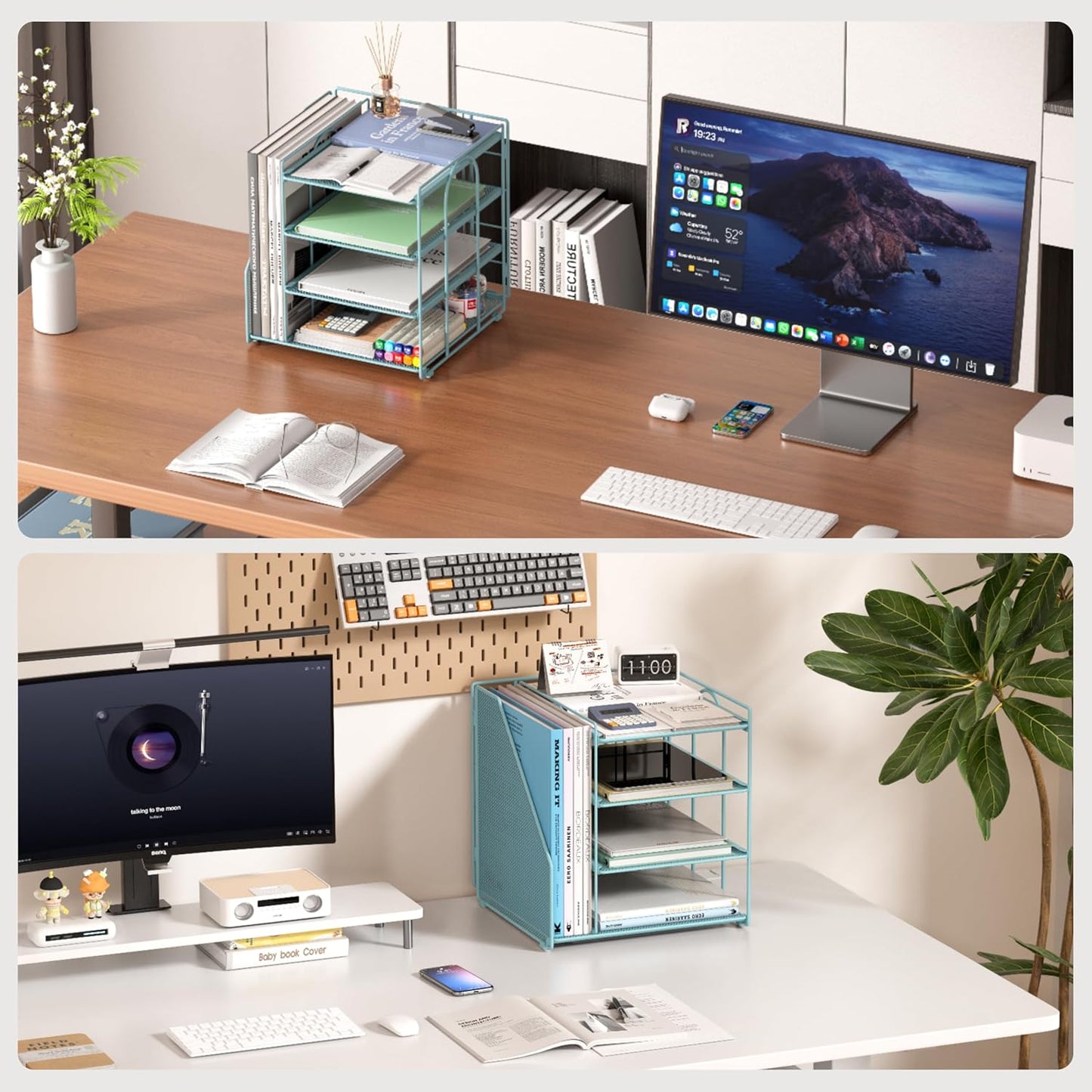 Blue Desk File Organizer and Accessories, 4-Tier Paper Organizer with Vertical File Holder, Office Desk Accessories & Workspace Organizers and Desktop Storage for Office Supplies (Sky Blue)