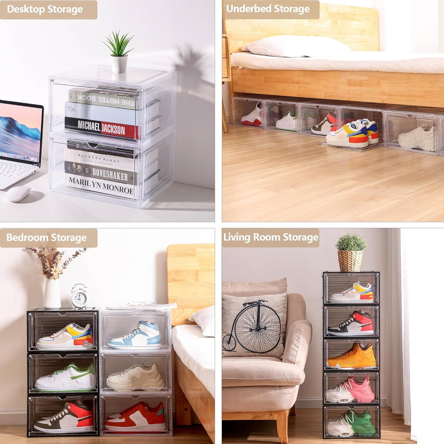 Clear Shoe Box Plastic Stackable Upgraded 6 Pack Shoe Storage Box Organizer with Clear Large Magnetic Door for Display Sneakers Easy Assembly, White