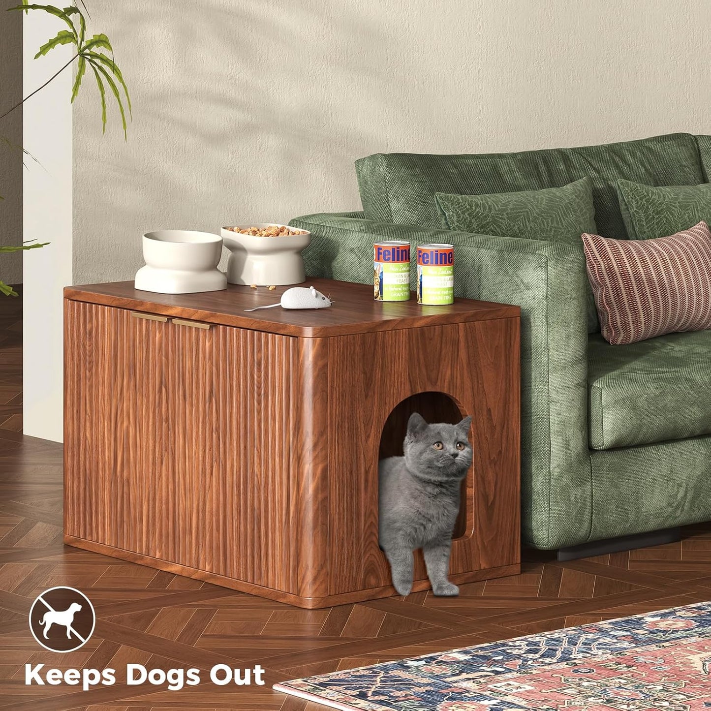31.5" Walnut Cat Litter Box Enclosure Furniture, Large Decorative Hidden Litter Box Cabinet, Fluted Mid Century Modern Kitty End Table for Living Rooms, Bedrooms, Entryways