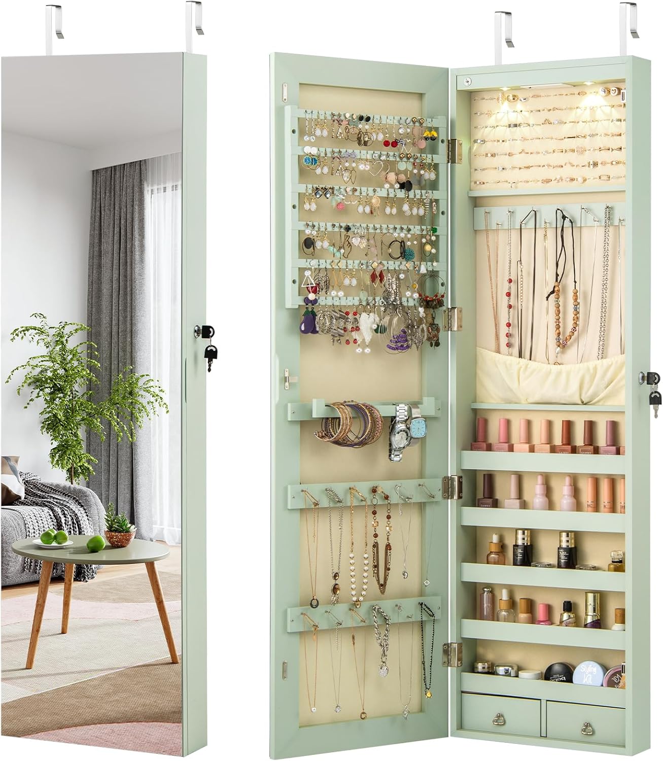 Giantex Wall Door Mounted Jewelry Armoire Cabinet with 47.5" Full Length Mirror, 2 LEDs Lockable Jewelry Organizers and Storage with 2 Drawers, Over the Door Jewelry Organizer Cabinet (Sage)