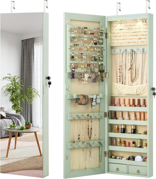 Giantex Wall Door Mounted Jewelry Armoire Cabinet with 47.5" Full Length Mirror, 2 LEDs Lockable Jewelry Organizers and Storage with 2 Drawers, Over the Door Jewelry Organizer Cabinet (Sage)