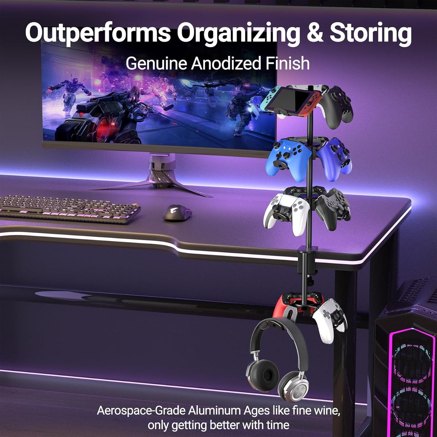 Aluminum Alloy Controller Holder 4 Layers Headphone Stand,Headset Holder & Desk Mounts for 12 Packs Controller，360 Degree Rotation Tier,Gaming Controller Stand for Xbox PS5 PS4 Switch(Black)
