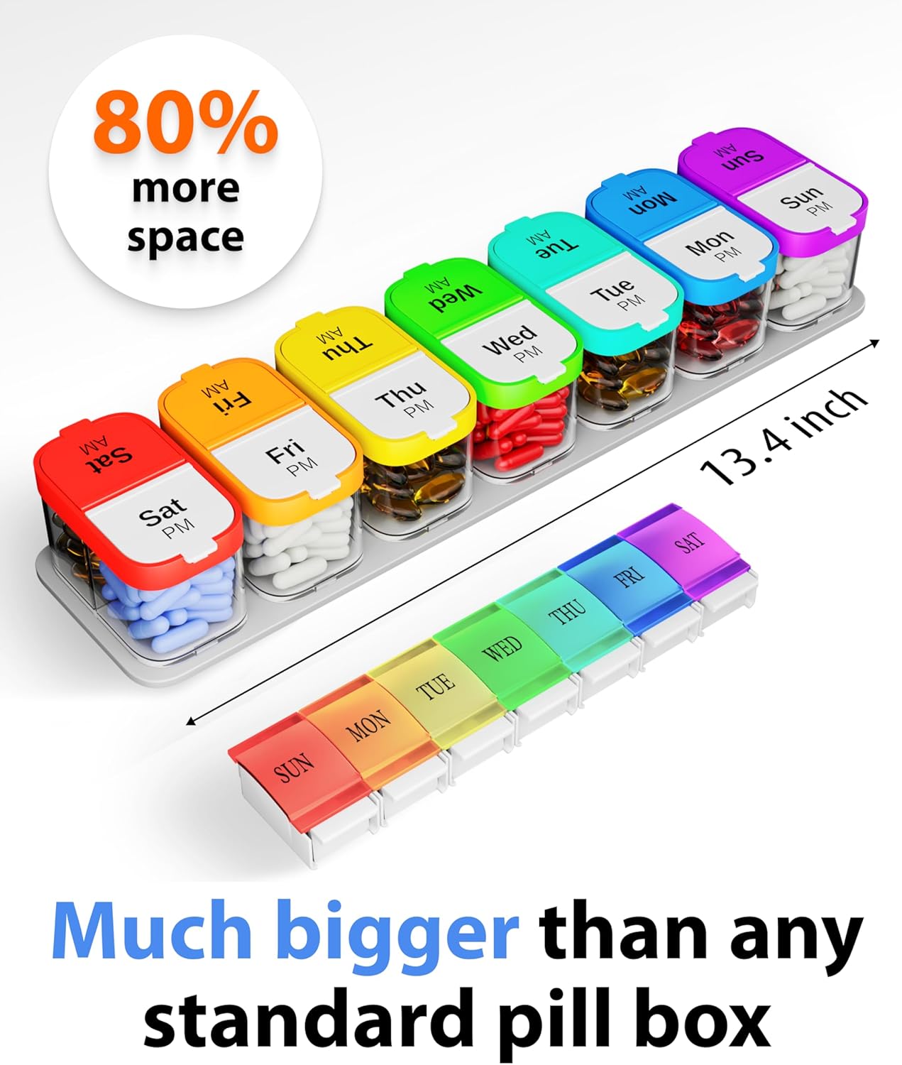 Extra Large Weekly Pill Organizer - XL Vitamin Holder with 7 Detachable AM PM Compartments - Portable Medicine Dispenser for Home and Travel, Big Supplement Container for Weekly or Daily Use, Rainbow