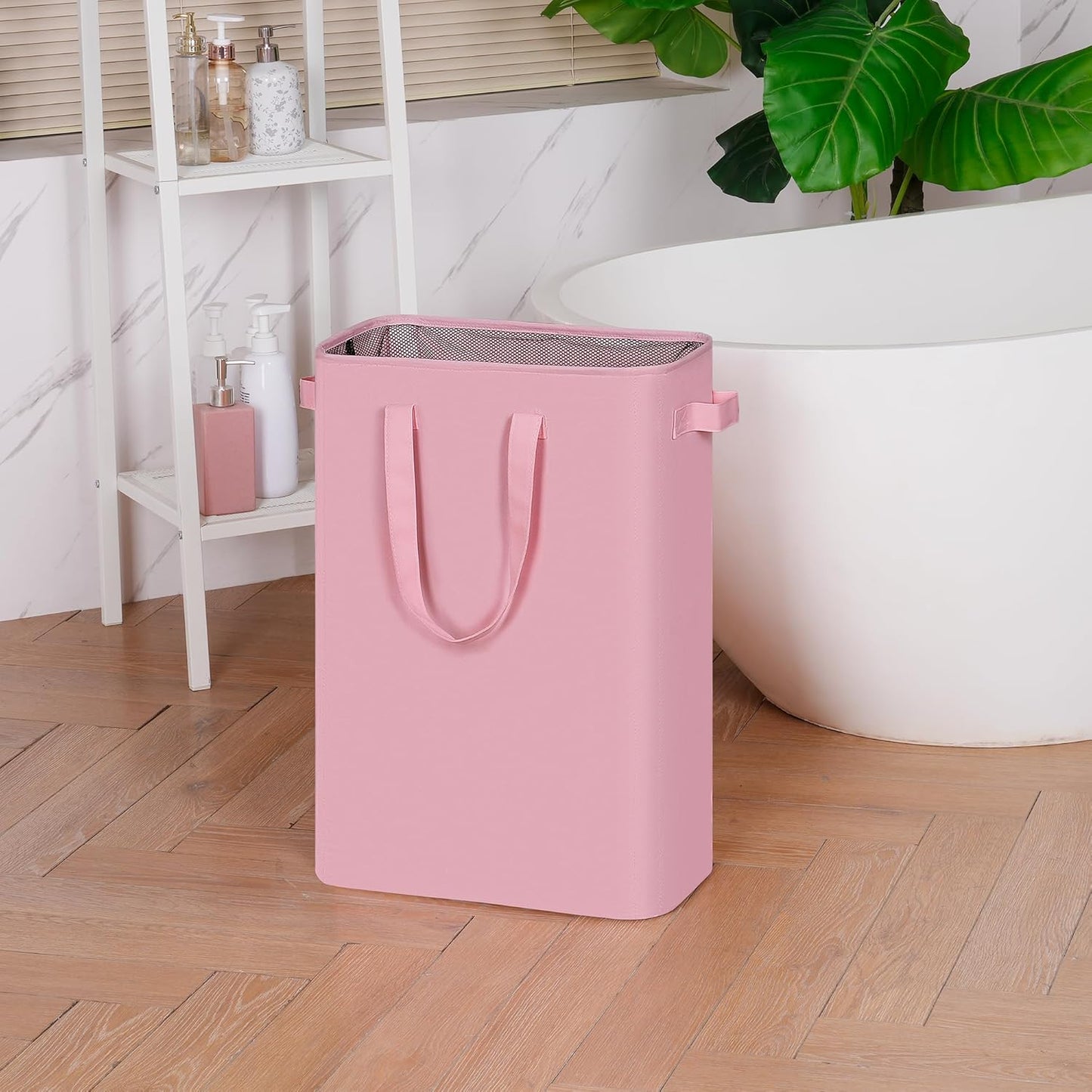 efluky Slim Laundry Basket, Narrow Laundry Hamper with Handles, Collapsible Dirty Clothes Hamper, Tall Laundry Bin for Laundry Room, Dorm and Bedroom, 12.7 Gallons(48L) Pink