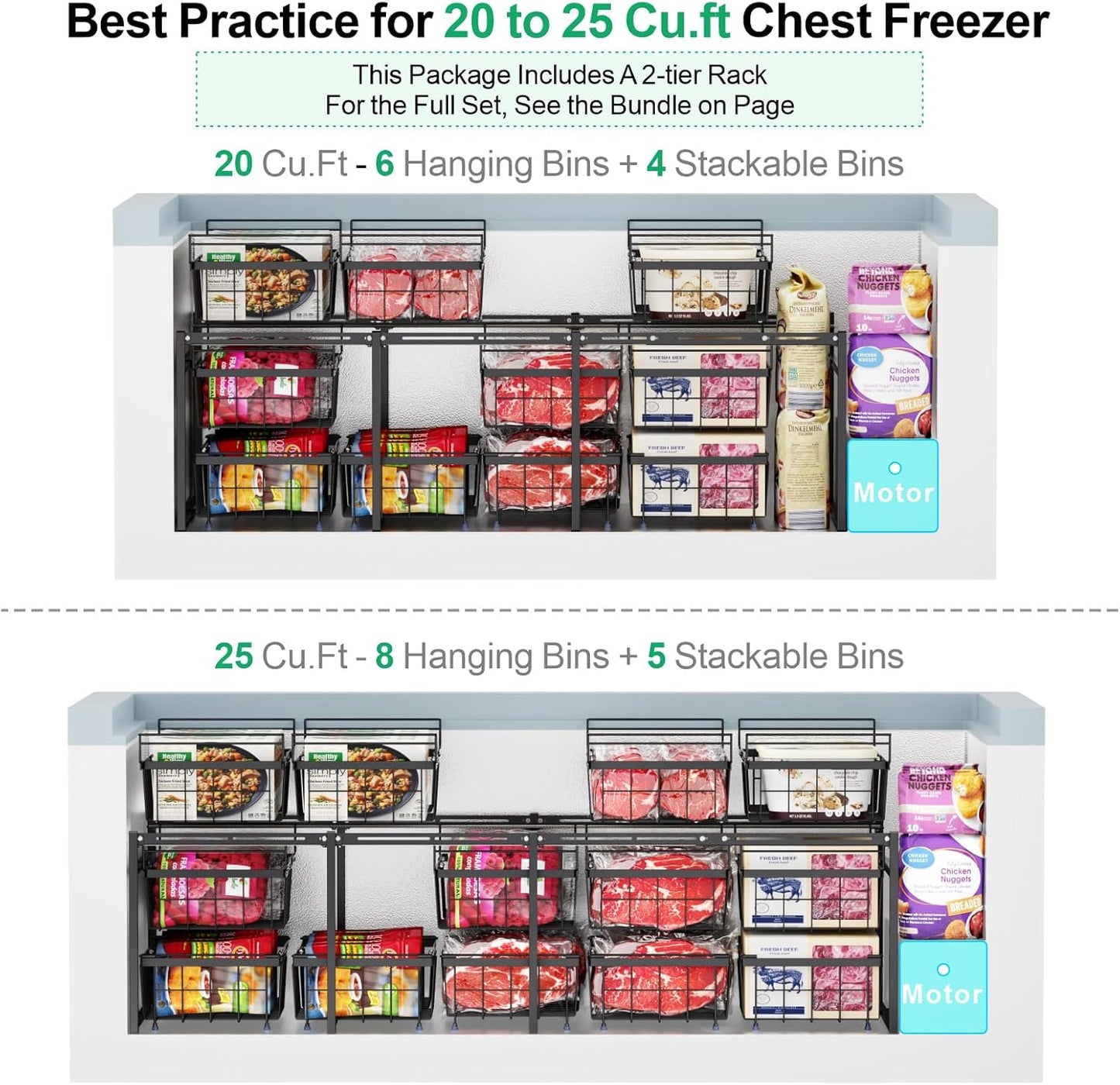 iSPECLE Freezer Organizer - Fits 20 to 25 Cu.Ft Large Chest Freezer, 2 Tier Freezer Rack Divided Freezer into 3 Layers Easy Slide to Access All Food, Black