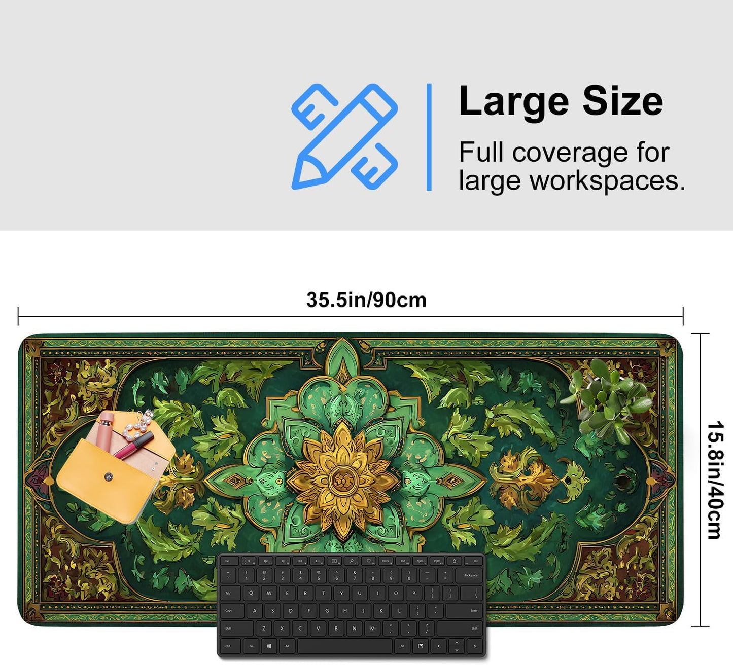 Green Vintage Floral Mouse Pad – Large Extended Desk Mat 35.43 x 15.75 in – Ornate Oriental Carpet Design with Gold & Emerald Motif, Waterproof Surface,Keyboard & Mouse Pad for Office & Home