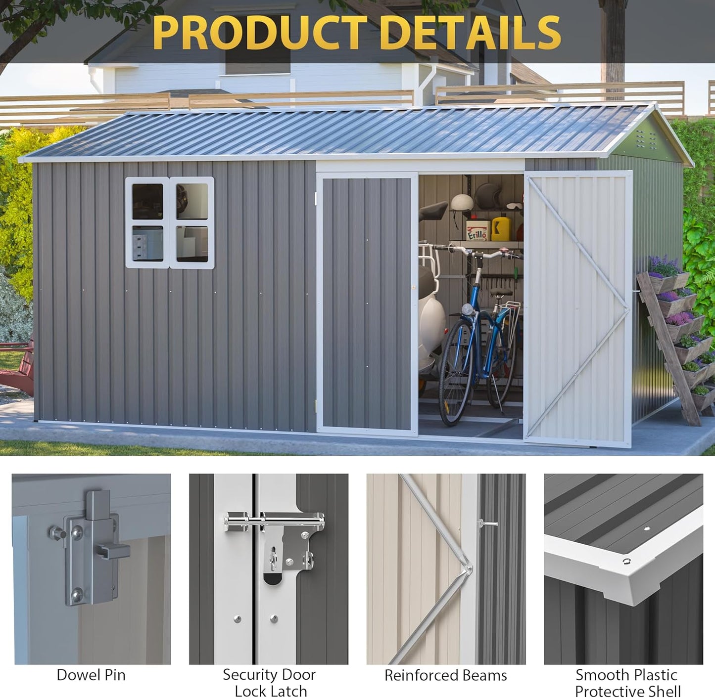 12x10 FT Outdoor Storage Shed with Floor Frame & Window, Heavy Duty Metal Garden Tool Shed with Double Lockable Doors, Waterproof Backyard Utility Shed for Bikes, Lawn Mowers, Tools, Equipment