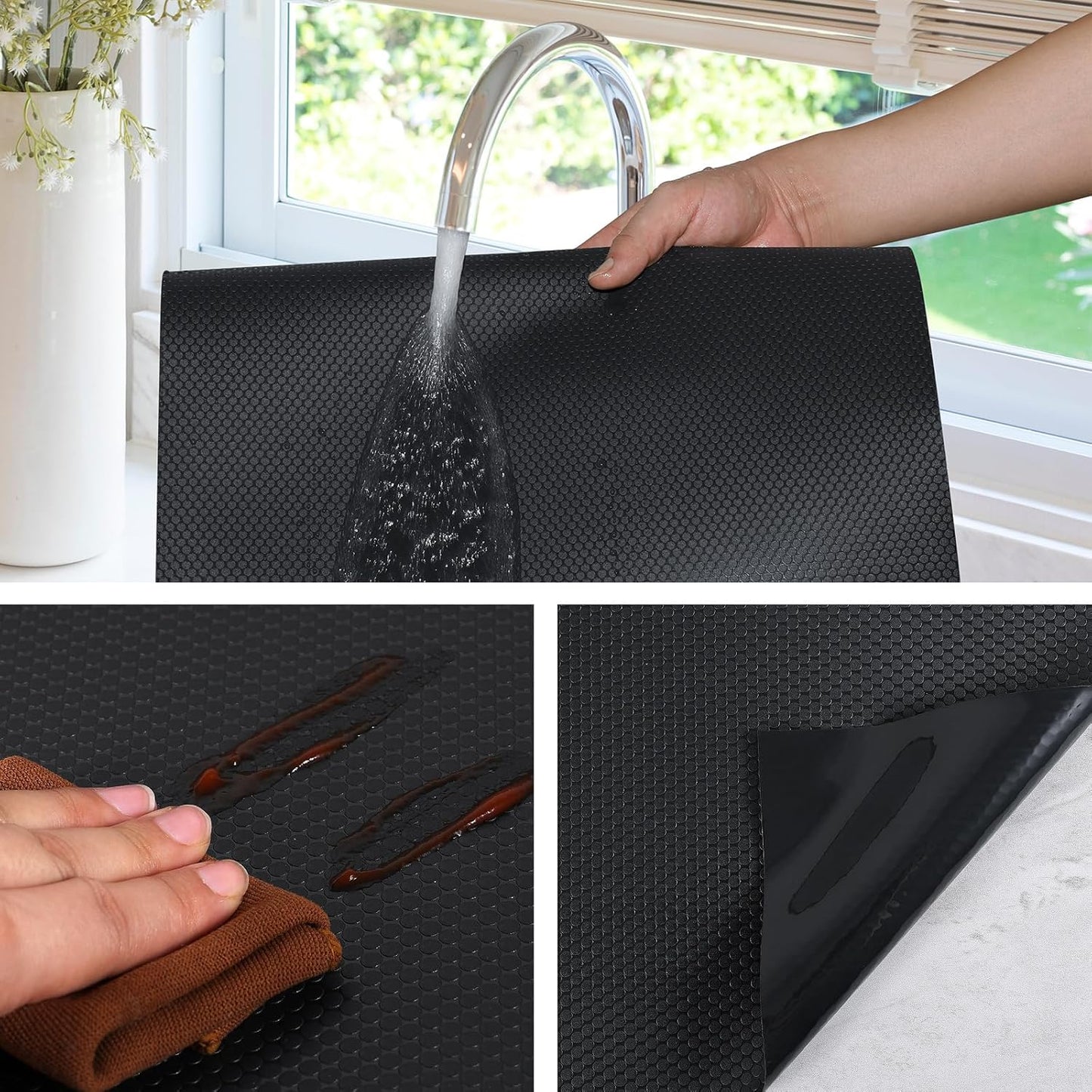 Black Shelf Liners for Kitchen Cabinets Non Adhesive Drawer Liner for Bathroom Waterproof Refrigerator Liners for Shelves Fridge Plastic Mats Cabinet Cupboard Liner 23.6 x 393.7 Inches