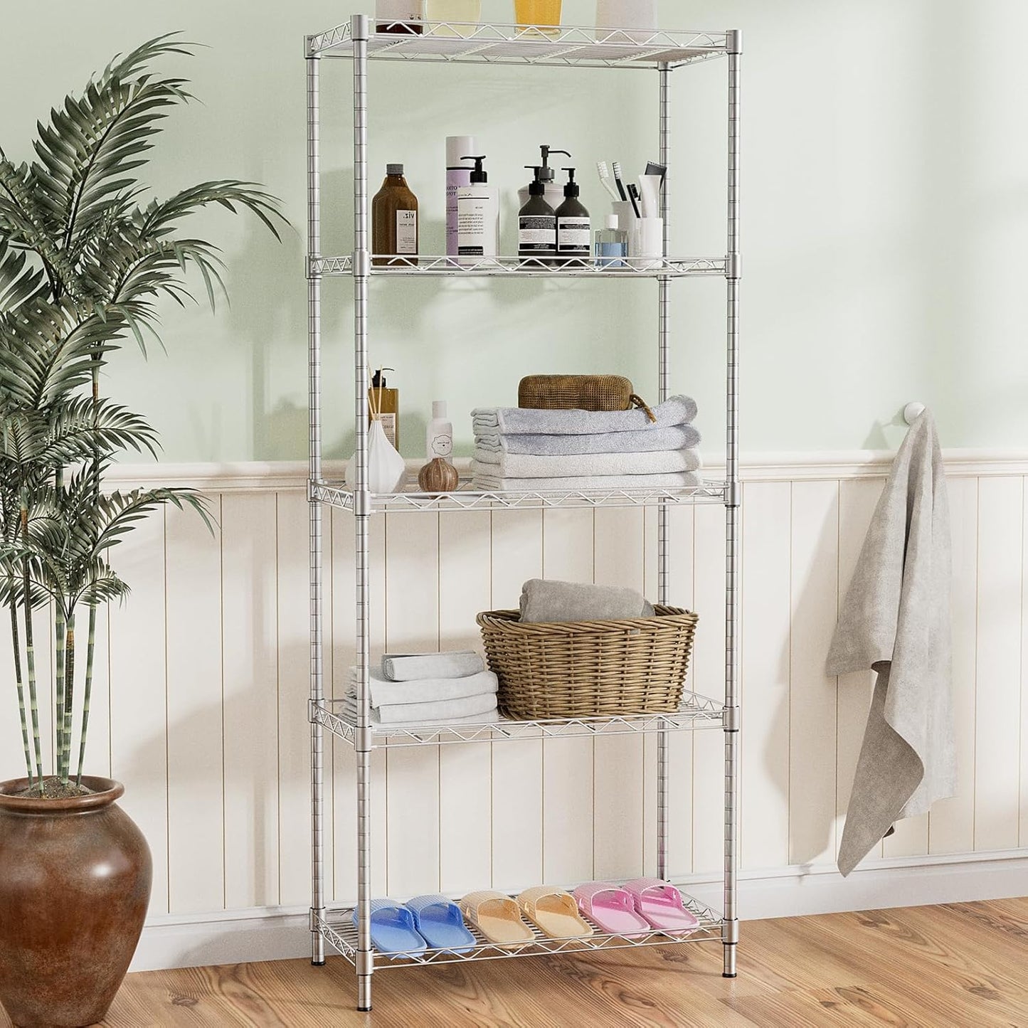 Storage Shelves,21.3"W*11.8"D*58.5"H Kitchen Wire Shelving Unit Loads 550LBS,5-tier Adjustable Metal Utility Shelf,Garage Shelves,Home Storage Rack for Kitchen,Laundry,Pantry and Closet,Chrome