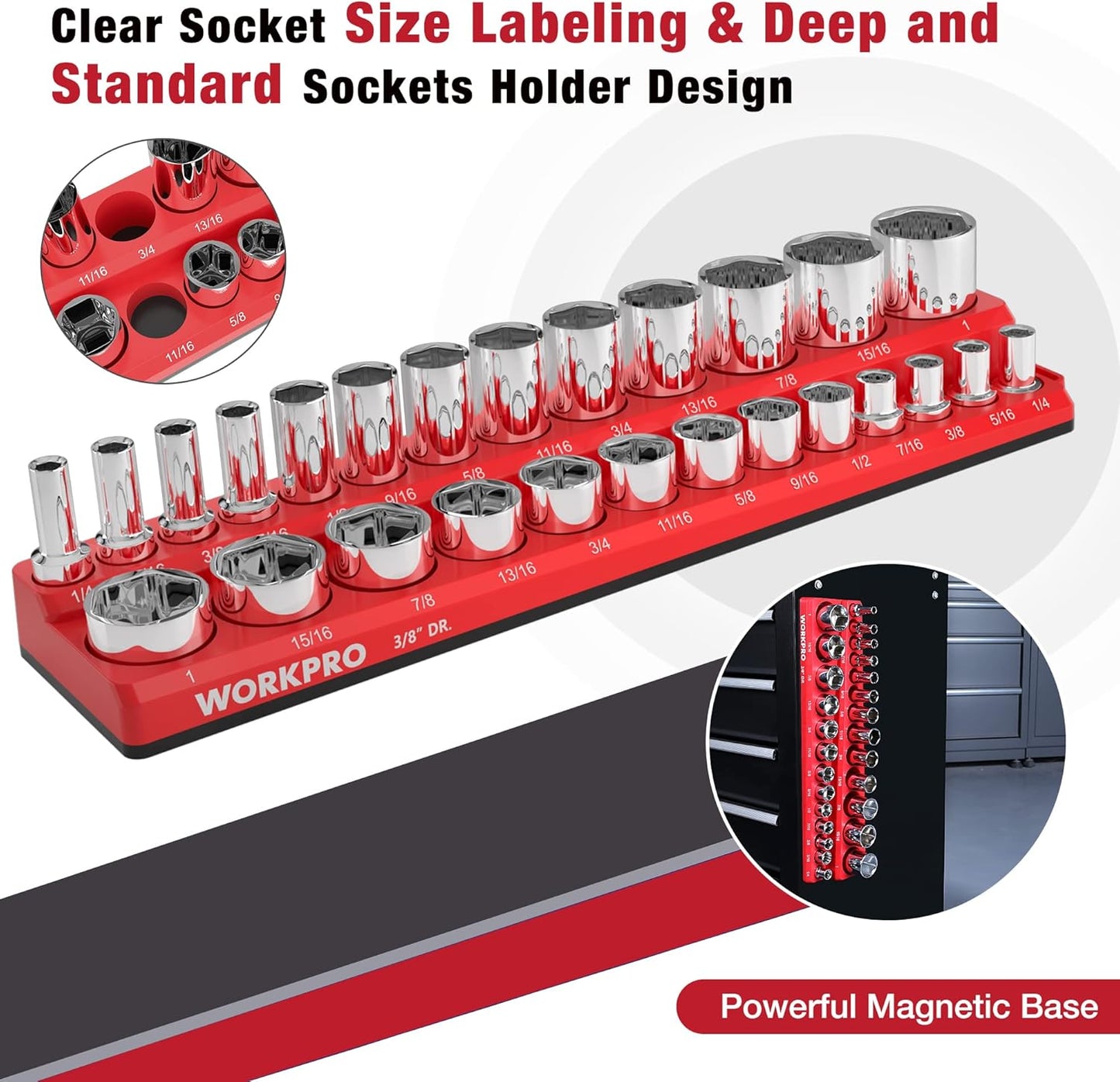 WORKPRO Magnetic Socket Organizer, 3/8-Inch SAE Socket Holder, Socket Trays Holds 26 Pieces Standard Size and Deep Size Sockets(Sockets not Included)