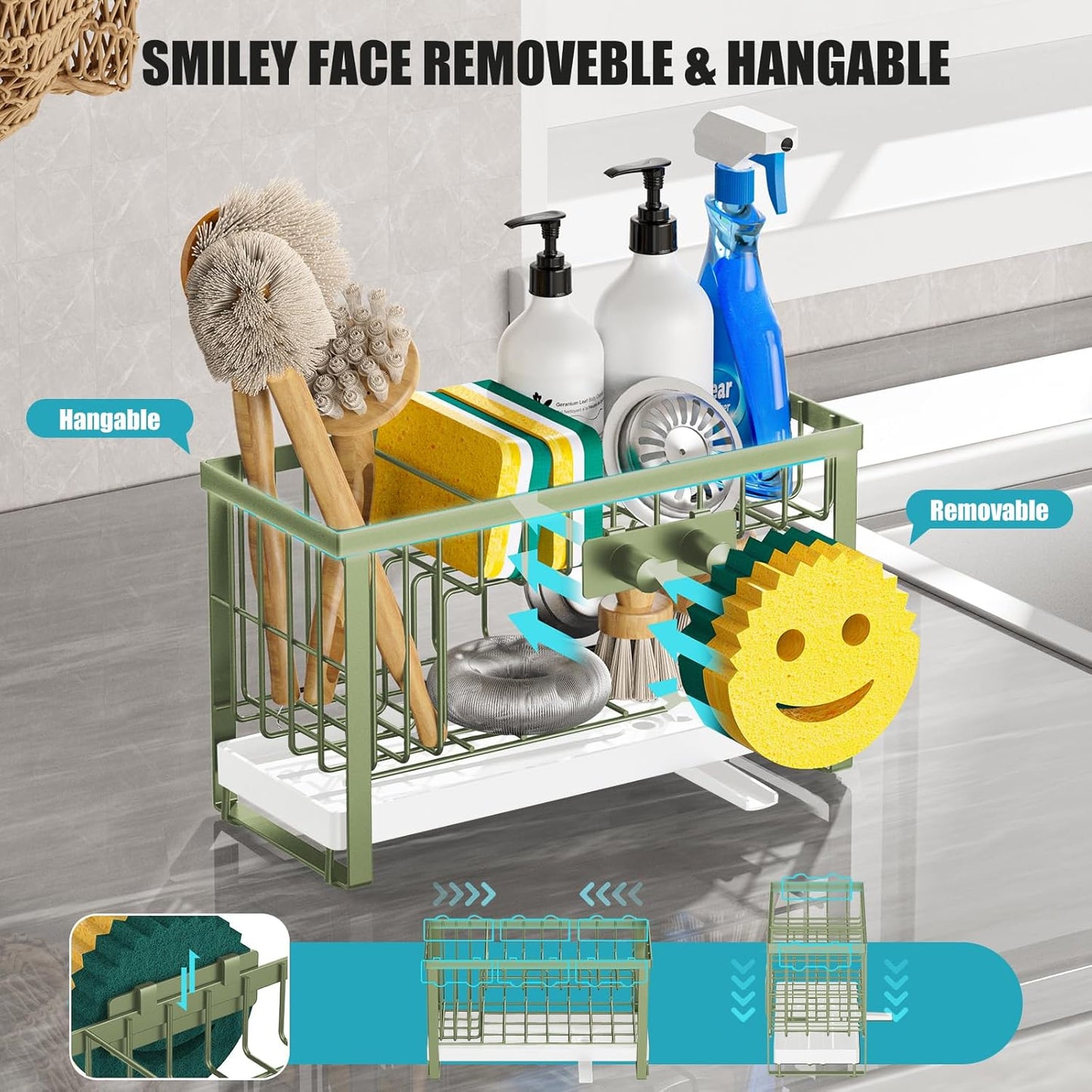 Sponge Holder for Kitchen Sink with Flexible Sponge Holder Smiley Face,2 Tier Kitchen Sink Organizer Countertop and Storage Essentials,Soap Dispenser Organize,Home Decor Accessories-Green