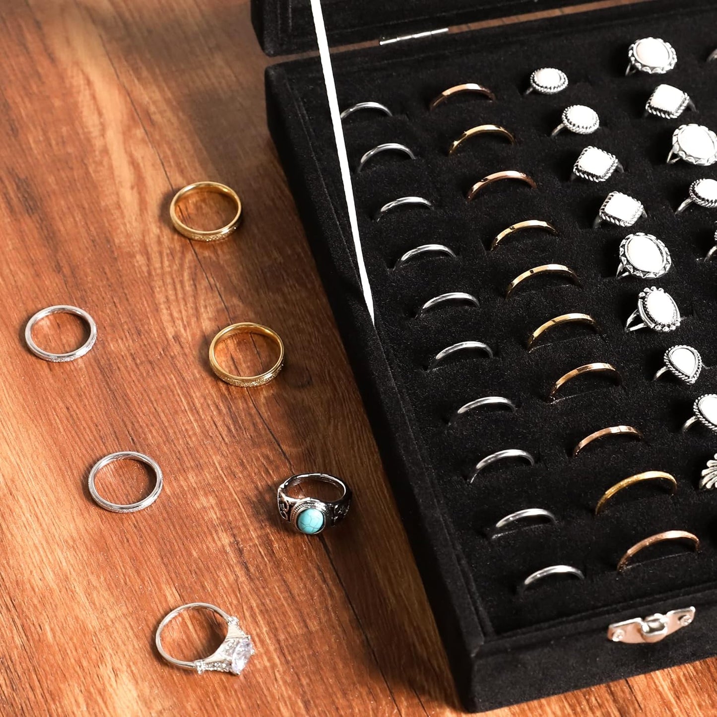 Frebeauty Ring Organizer Tray 100 Slots Ring Holder with Clear Lid Velvet Storage Box Jewelry Tray for Jewelry Store Earring Display Case for Jewelry Show Studs Box for Women(Black)