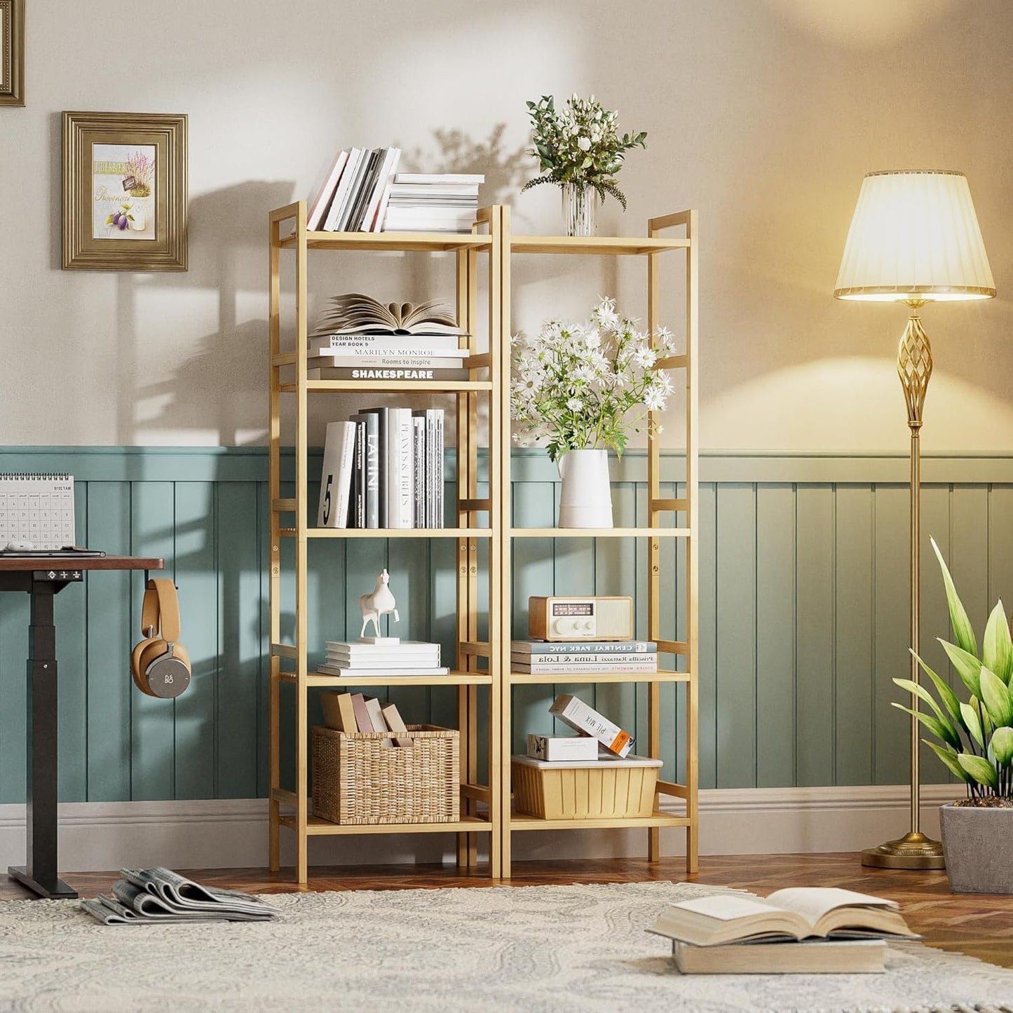 HITNET Tall Narrow Bookshelf, 5 Tier Bathroom Shelf Bamboo, Floor Standing Display Storage Organizer for Small Space, Adjustable Shelves, Natural Wood Bookcase