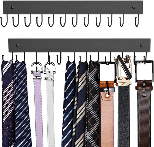 Belt Hanger Wall Mounted, Wooden Belt Organizer 2 Pack Max 24 Storage Capacity, 180° Rotating Space Saving Hangers for Ties, Tank Tops, Scarves, Bras, Keys, Bags Halloween Black