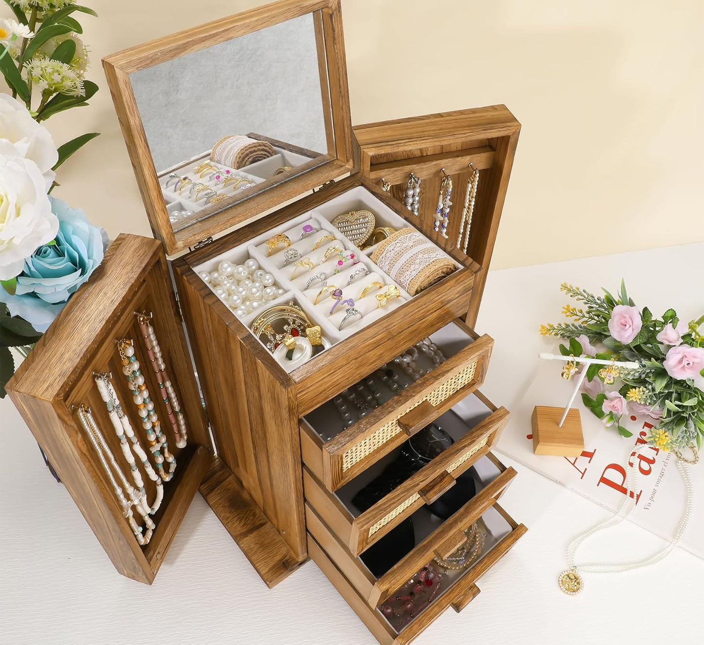 Jewelry Organizer, Rattan Jewelry Box, 5 Layer Wooden Jewelry Organizer Box with Mirror, Jewelry Boxes with 4 Drawers for Women Men, Jewelry Storage for Rings Earrings Necklaces Bracelets Watch