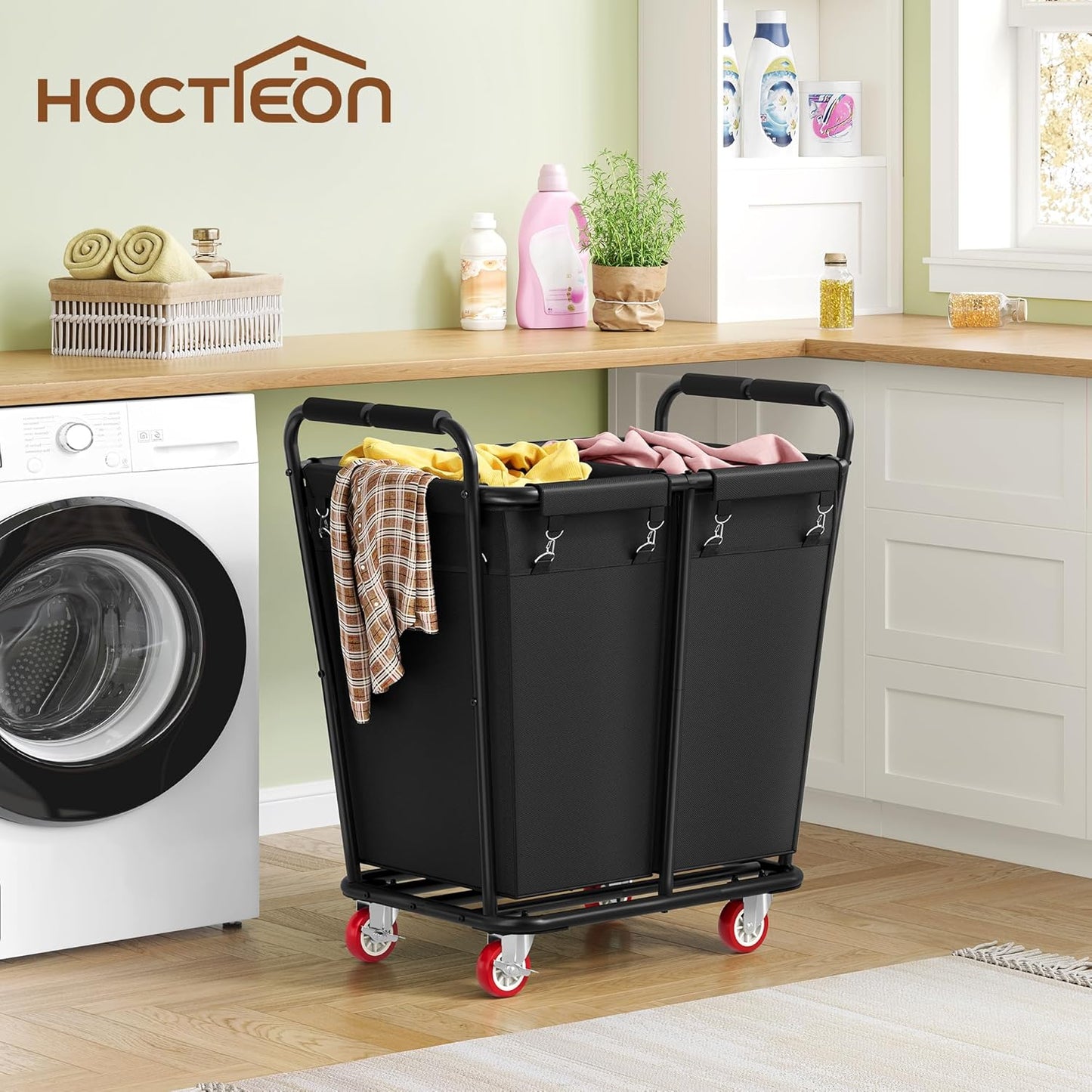 Hoctieon 2 Section Laundry Sorter Cart, 300L Rolling Hamper with Wheels, Industrial Laundry Basket Organizer, Large Dirty Clothes Hamper for Home & Hotel, Heavy Duty, Black