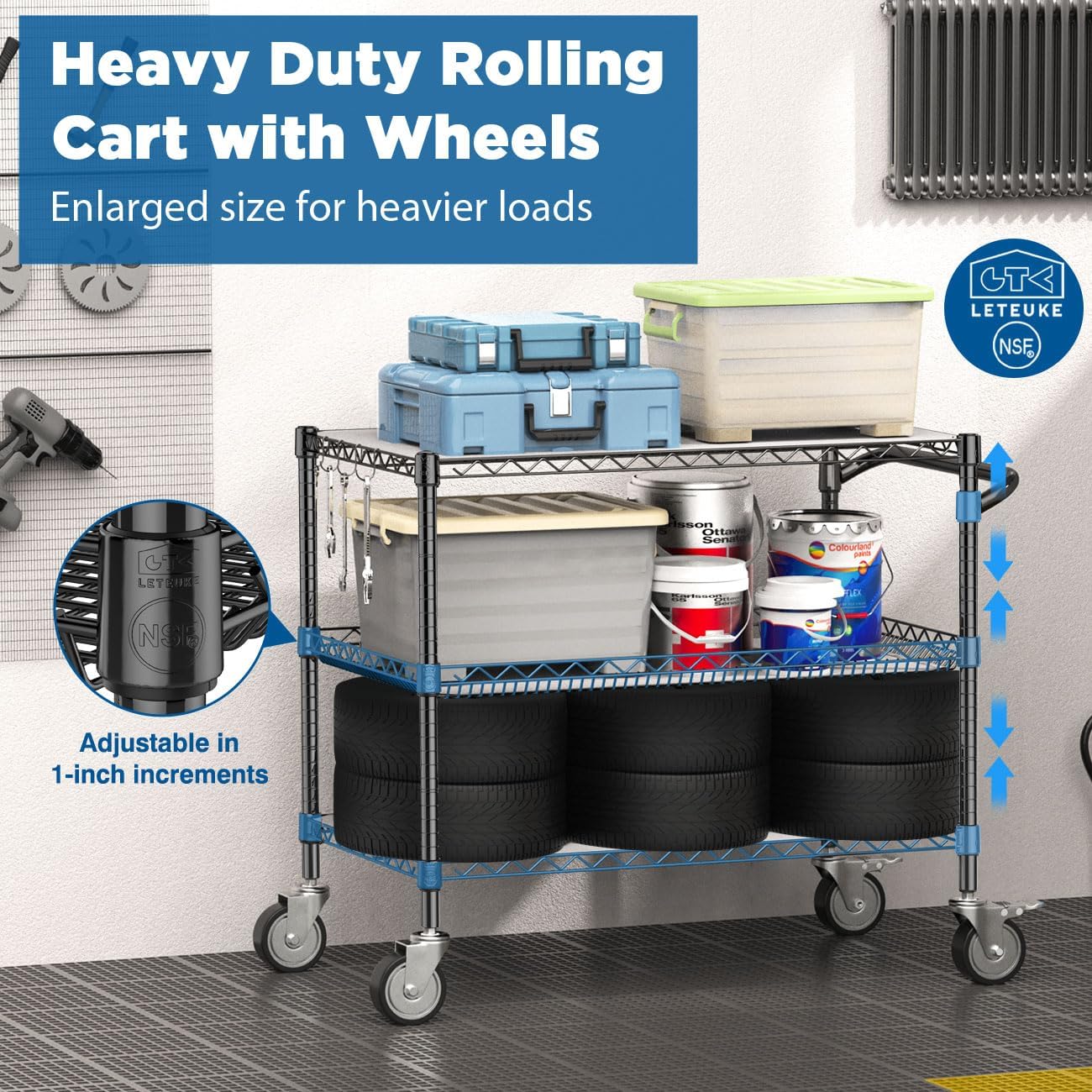 Leteuke 1120LBS Heavy Duty Rolling Utility Cart,3 Tier Rolling Carts with Wheels,NSF Commercial Grade with Handle Bar & Shelf Liners,45"x25"x39" Storage Cart for Kitchen,Restaurant,Plant Display,Black
