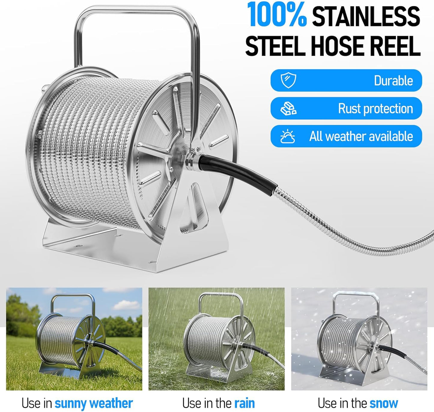 SPECILITE Stainless Steel Garden Hose Reel with 100FT Drinking Water Hose and 6.2FT Leader Pipe, Wall/Floor Mounted Metal Spool with Crank Handle, UV Resistant for Outside, Yard, Patio