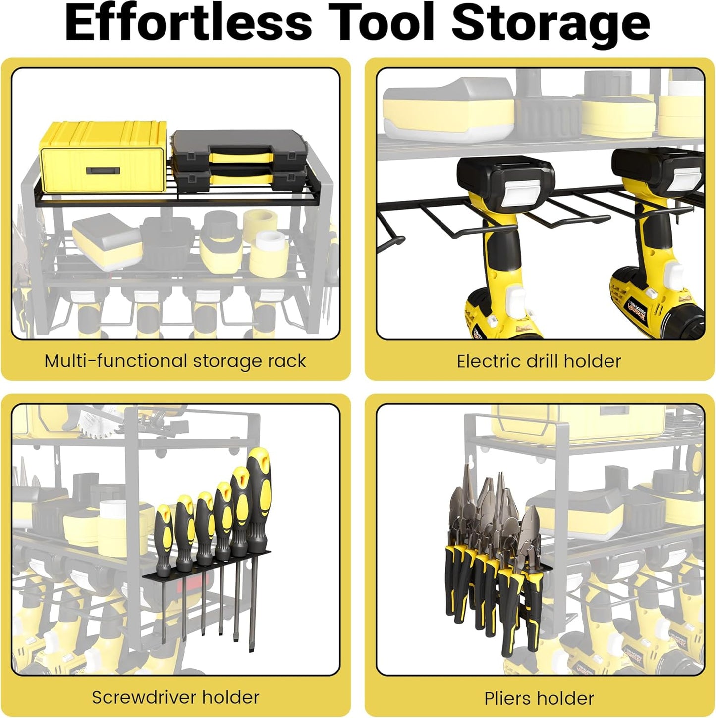 Power Tool Organizer Wall Mount, 3-Tier Heavy Duty Metal Rack Loads 180lbs with 4 Drill Holders and Side Hooks, Tool Battery Utility Rack Suitable Garage﻿